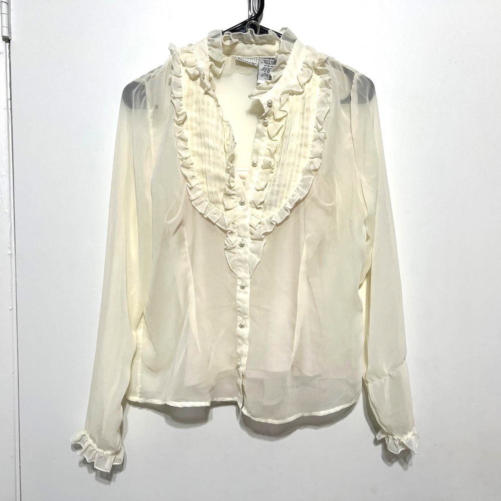Vintage‎ Womens Victorian Ivory Sheer Ruffle Top Size M Pearl Buttons Ethereal
